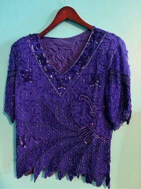 Vintage Embellished V-Neck Blue Beaded Blouse